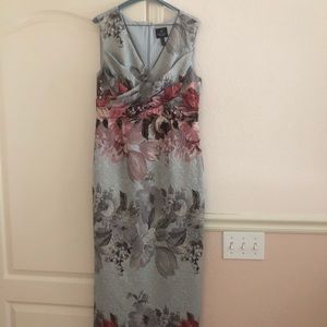 BHLDN Adrianna Pappel sleeveless floral long gown, purse and grey shawl